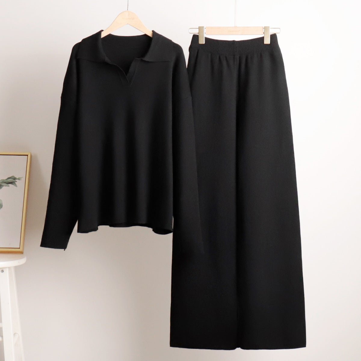 Polo Collar Knit Pullover & Wide Trousers Set
