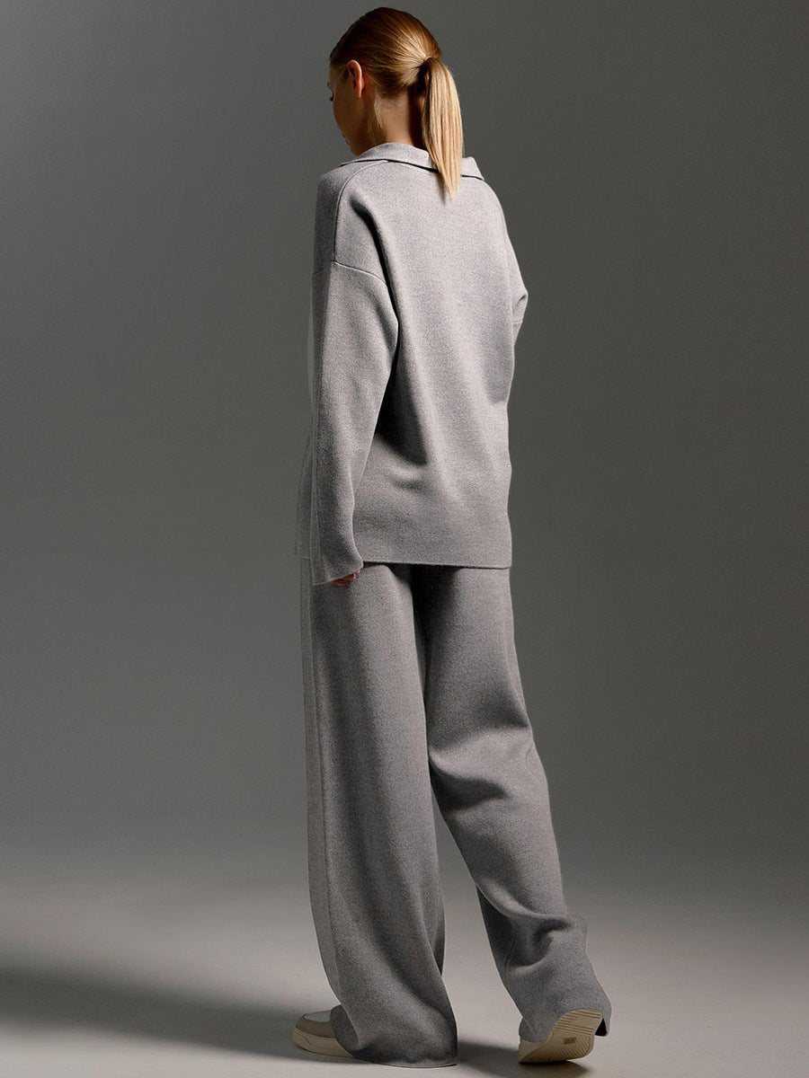 Polo Collar Knit Pullover & Wide Trousers Set
