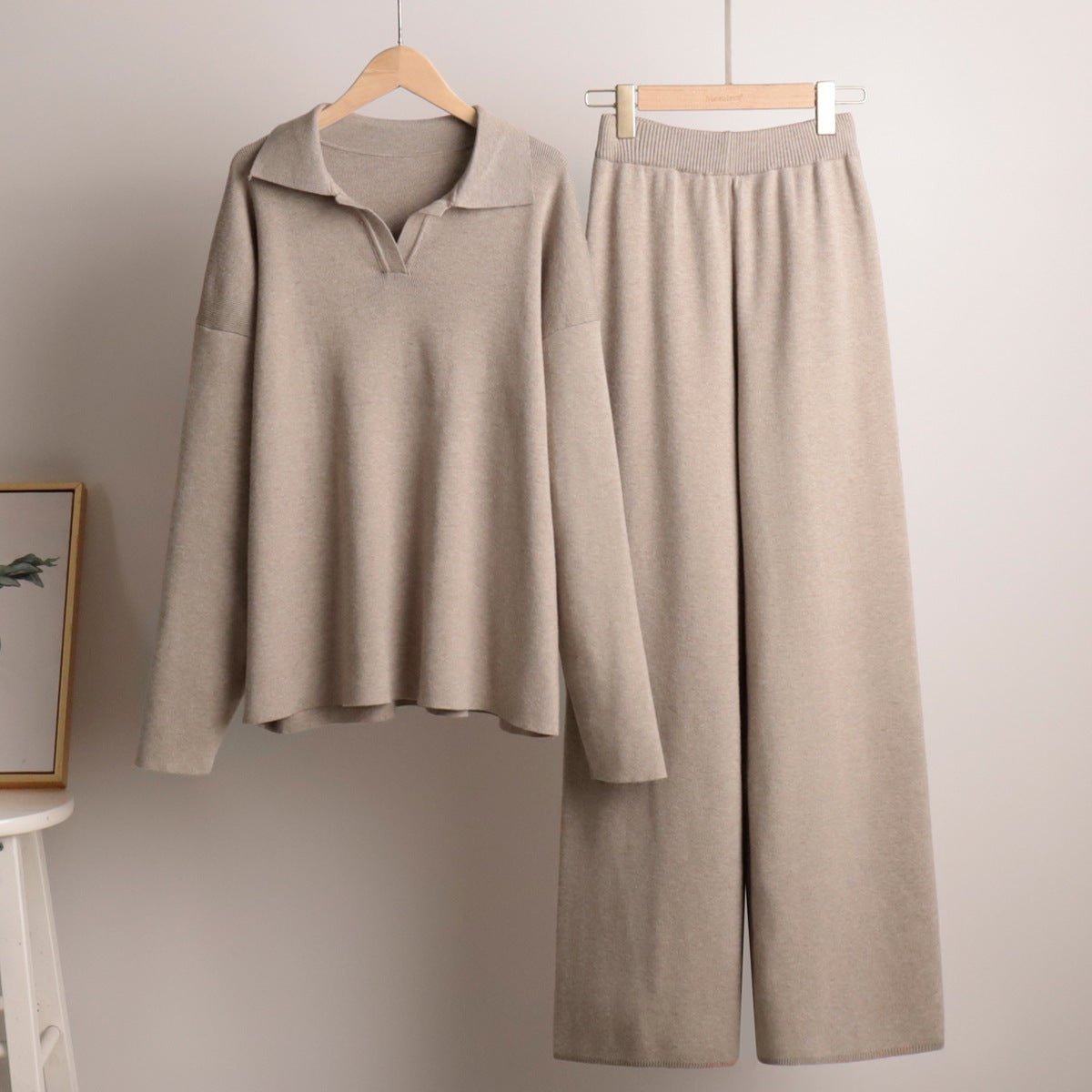 Polo Collar Knit Pullover & Wide Trousers Set