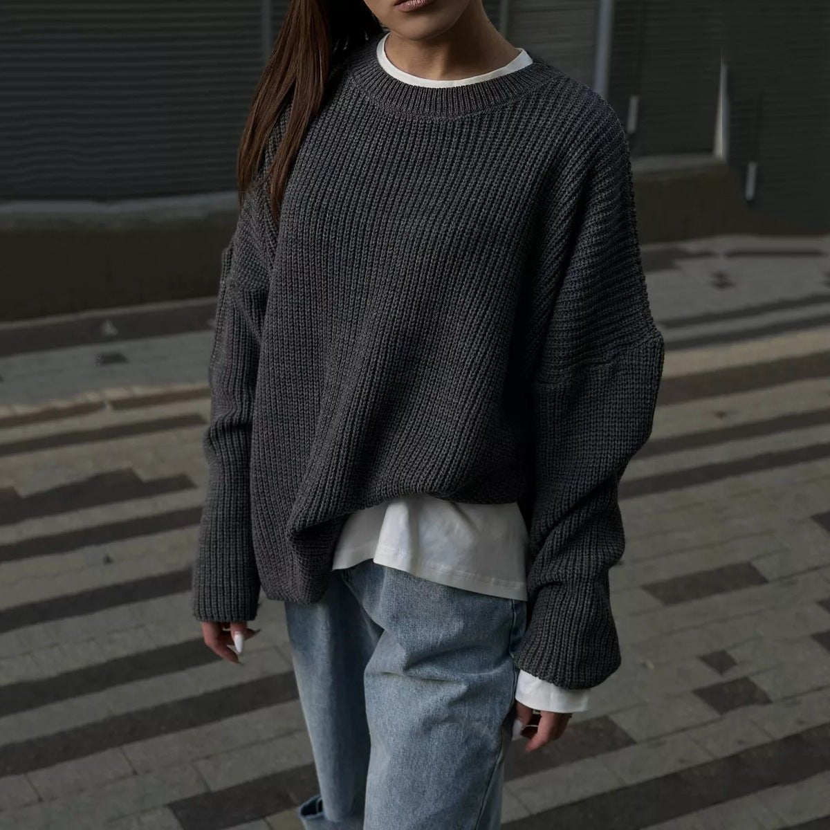 Crew Neck Lantern Sleeve Knit Pullover