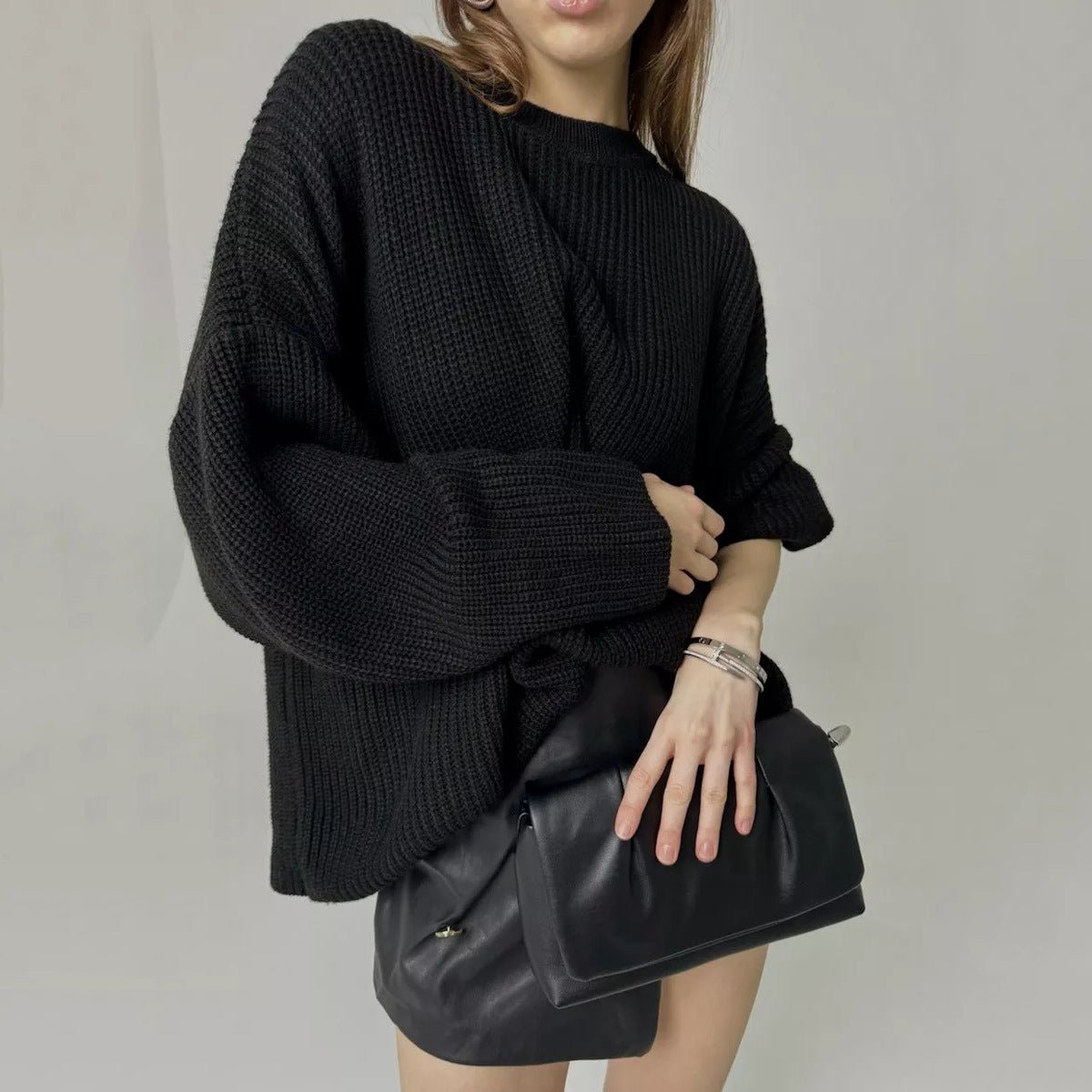 Crew Neck Lantern Sleeve Knit Pullover