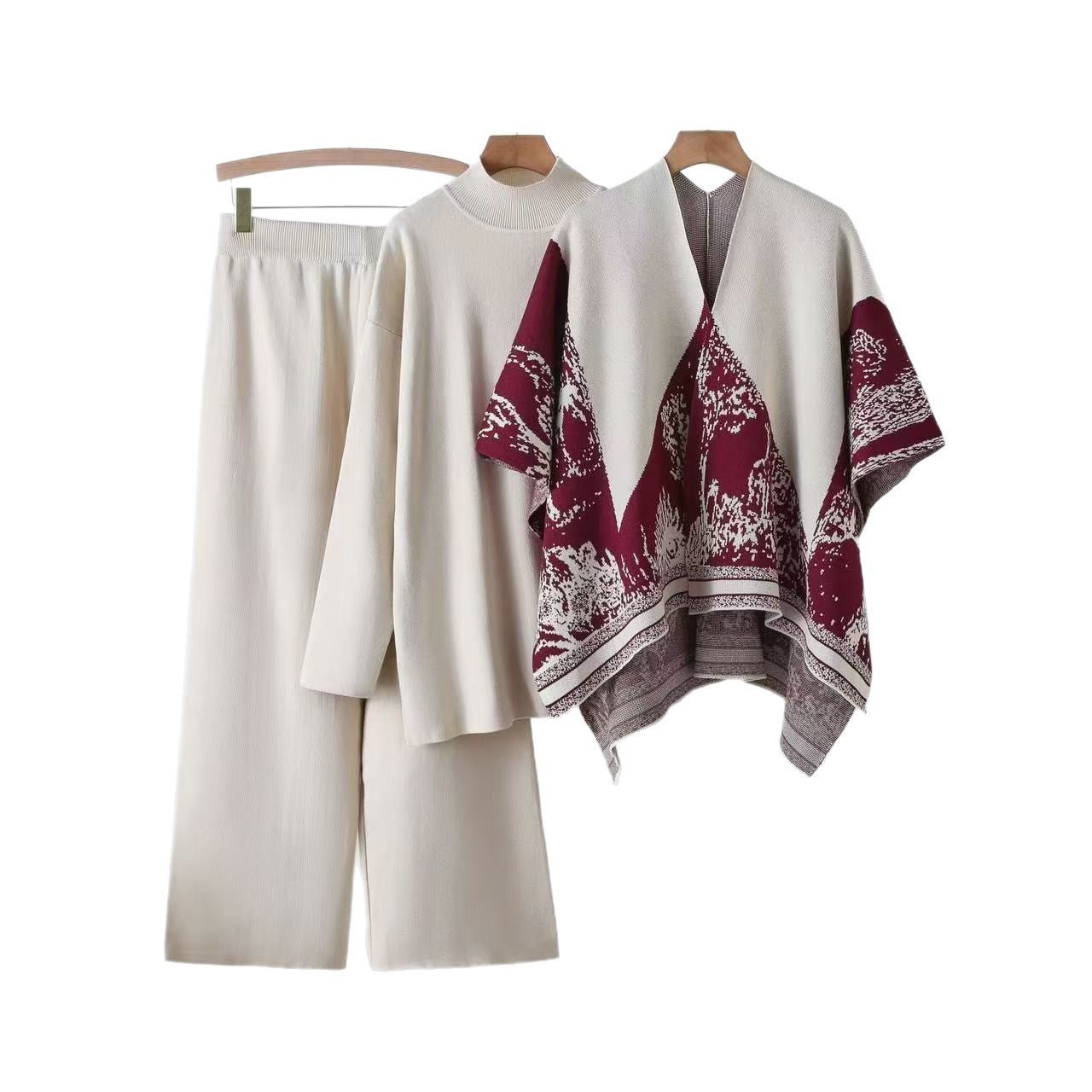Knit Shawl, Sweater & Wide Pants Set