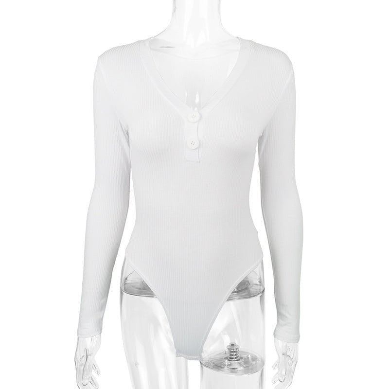 Slim Deep V Button Stripe One-Piece Top