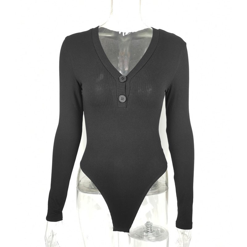 Slim Deep V Button Stripe One-Piece Top