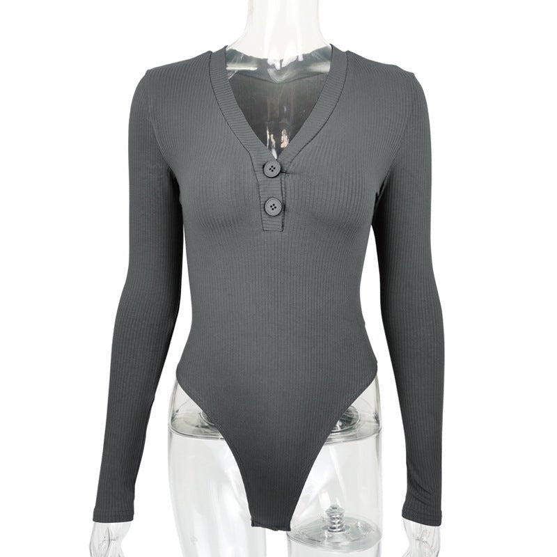 Slim Deep V Button Stripe One-Piece Top