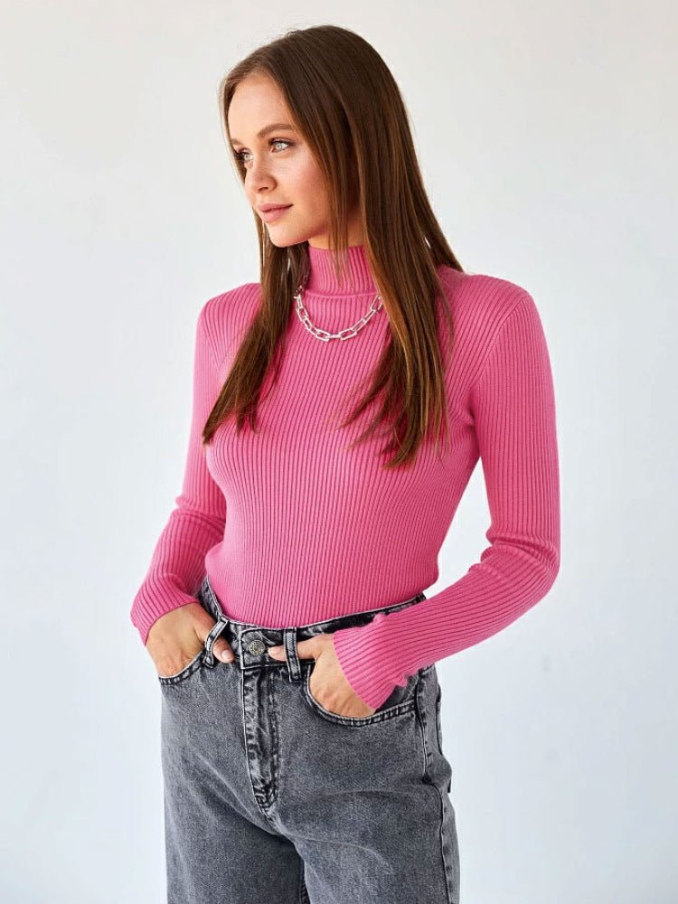 Slim Solid Semi-Turtleneck Winter Top