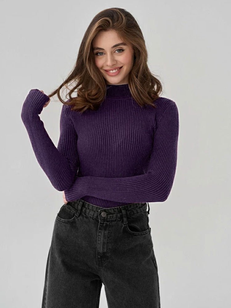 Slim Solid Semi-Turtleneck Winter Top