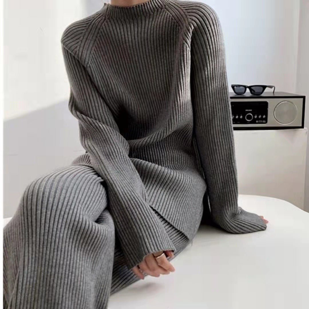 Solid Split Sweater & Wide-Leg Pants Set