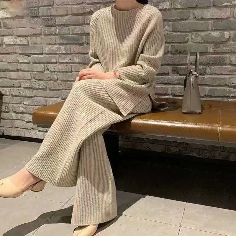 Solid Split Sweater & Wide-Leg Pants Set