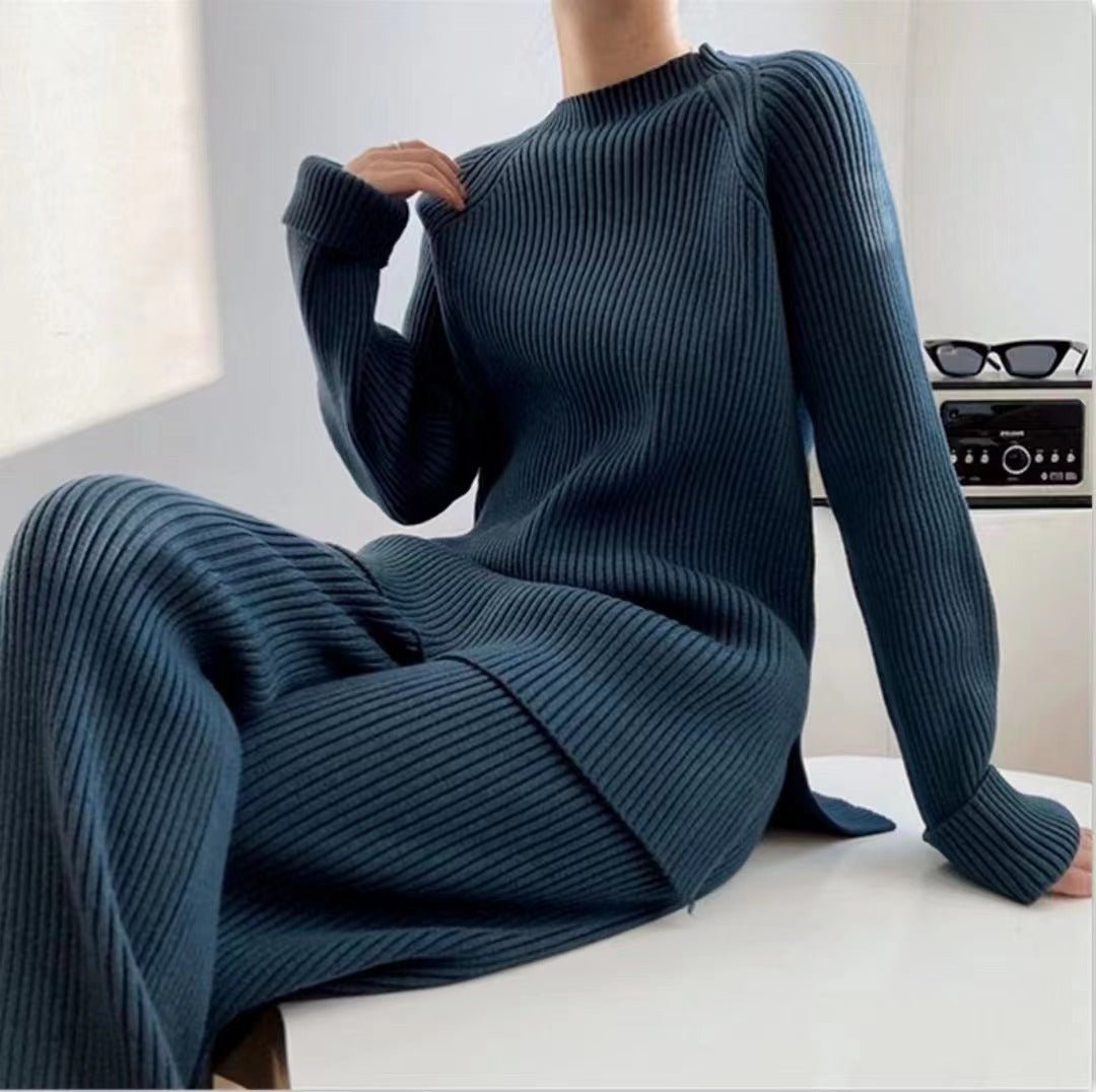 Solid Split Sweater & Wide-Leg Pants Set