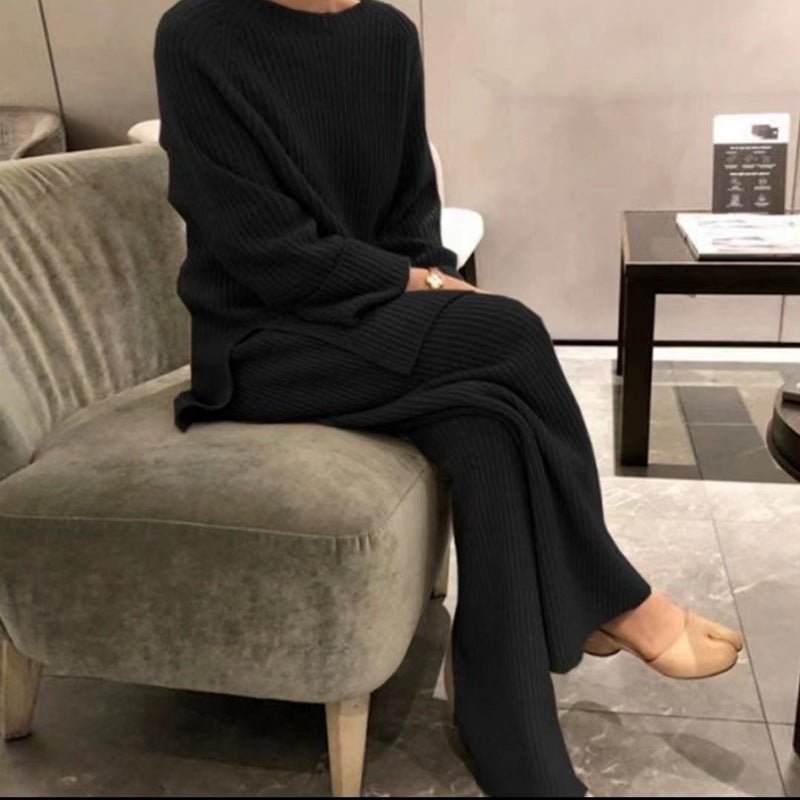 Solid Split Sweater & Wide-Leg Pants Set