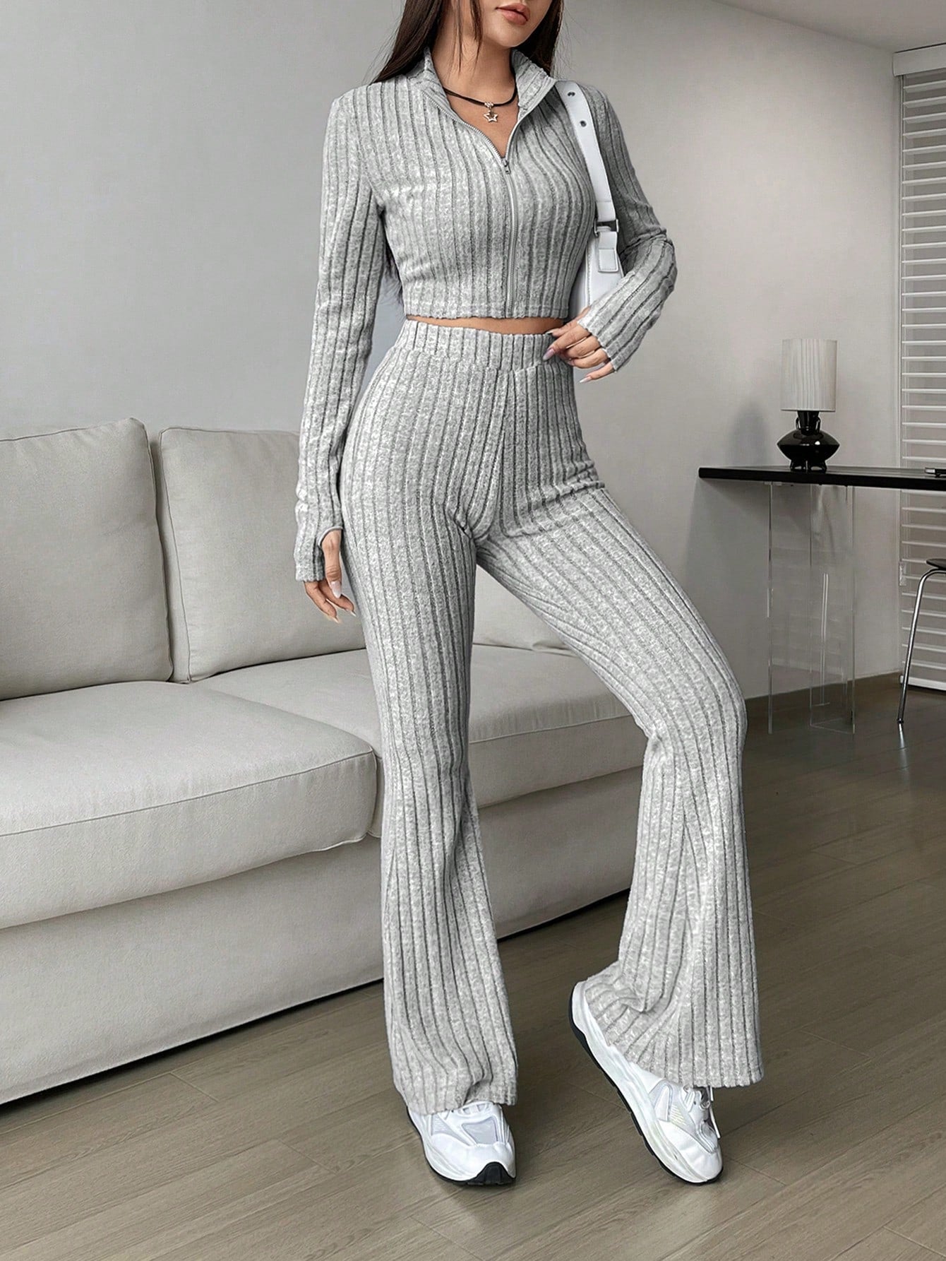 Solid Cropped Tee & Flare Pants Set