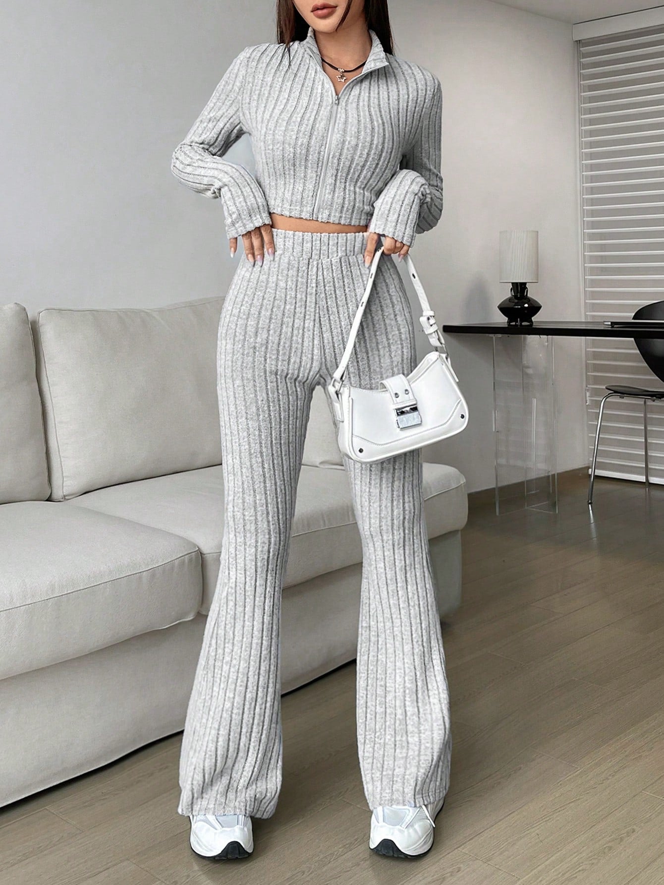 Solid Cropped Tee & Flare Pants Set