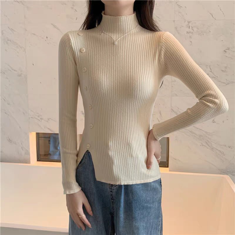 Slim Semi-Turtleneck Button Pullover