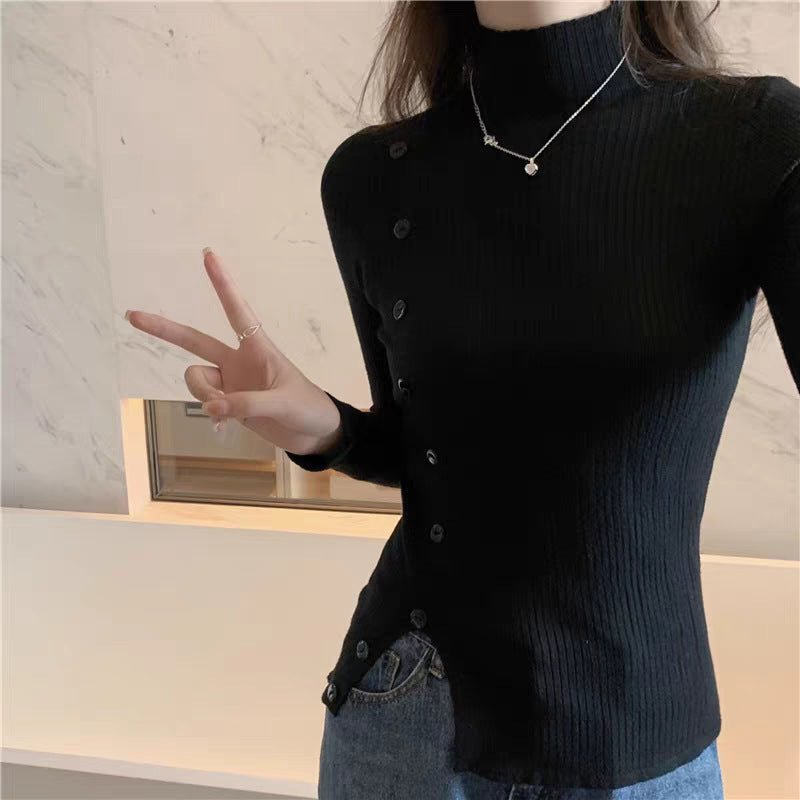 Slim Semi-Turtleneck Button Pullover