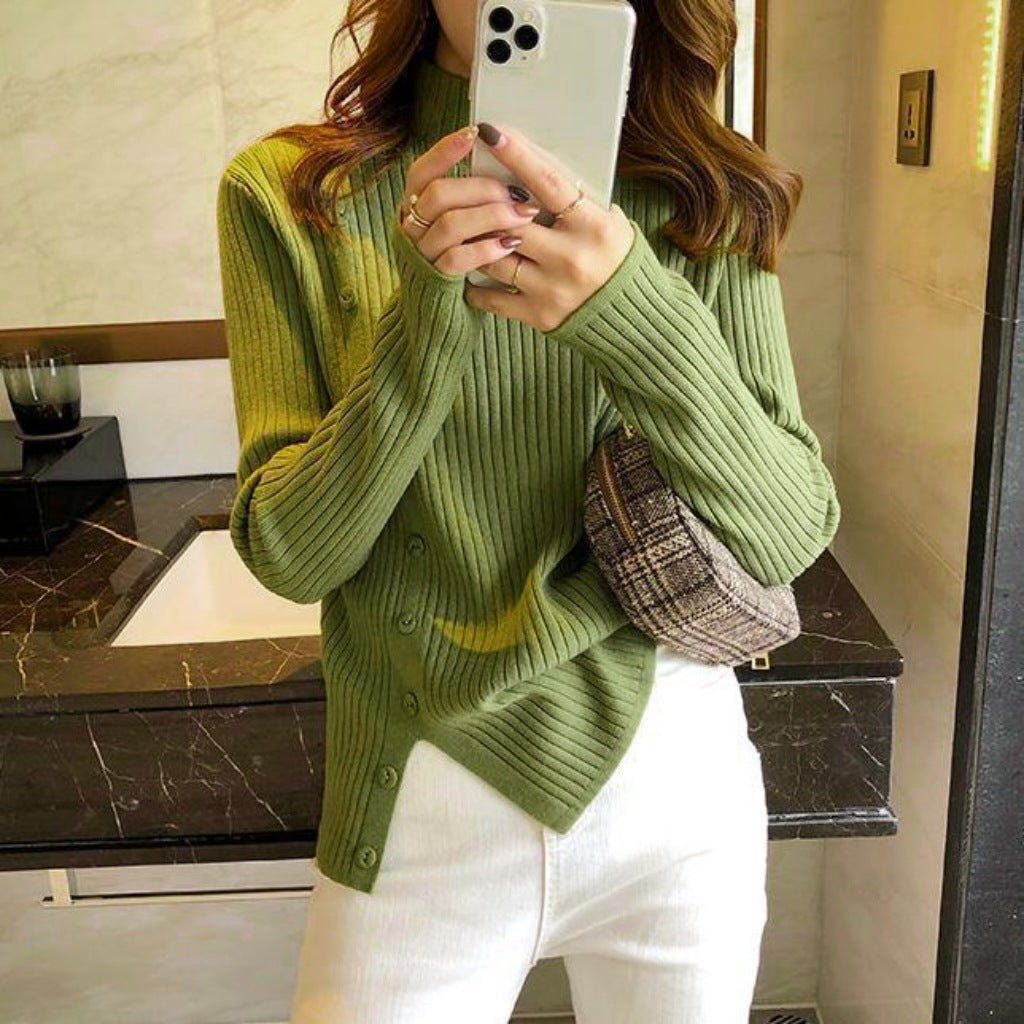 Slim Semi-Turtleneck Button Pullover