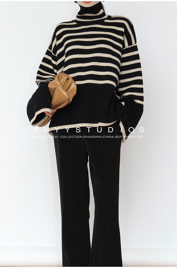 Loose Striped Turtleneck Pullover