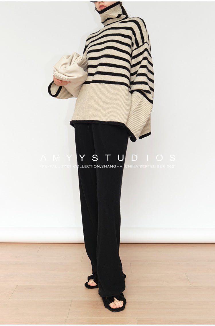 Loose Striped Turtleneck Pullover