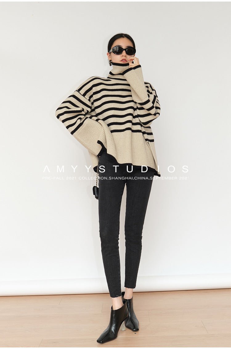 Loose Striped Turtleneck Pullover