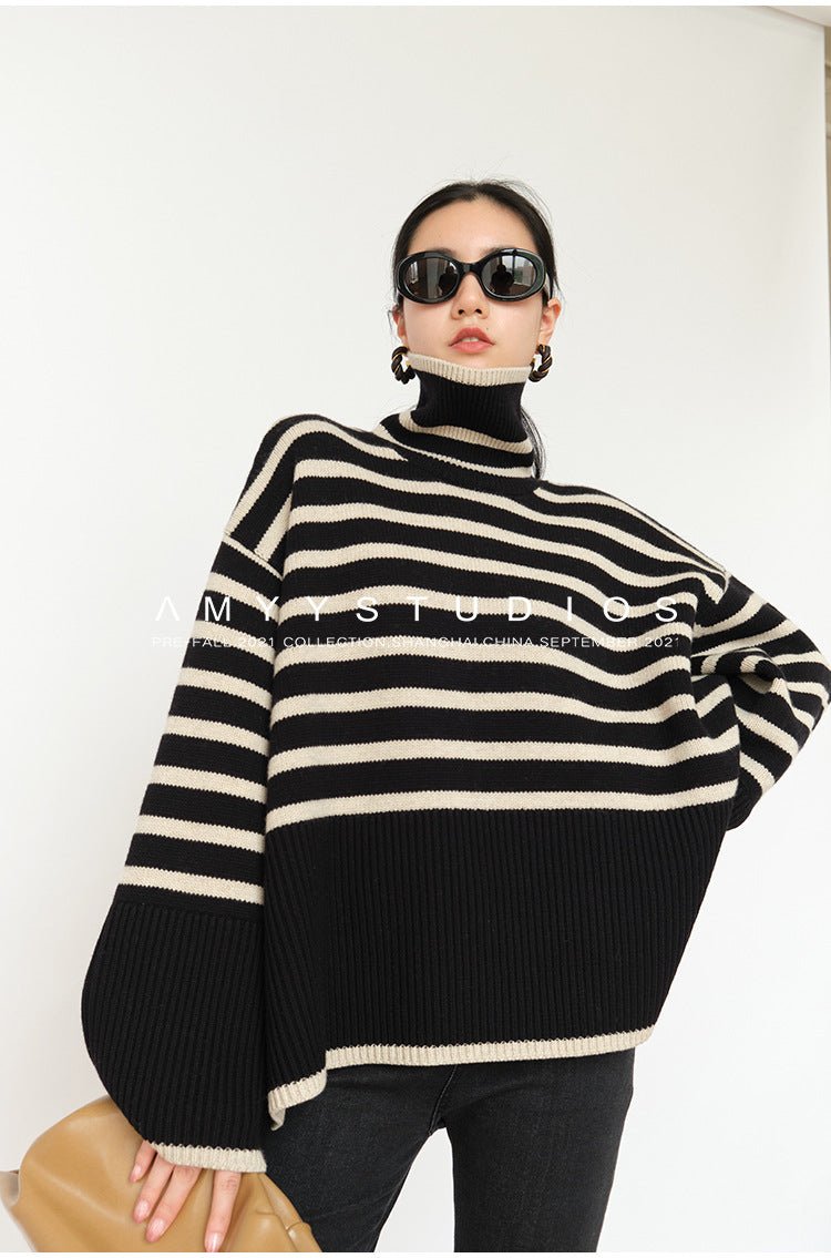 Loose Striped Turtleneck Pullover