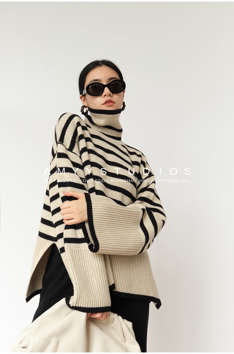 Loose Striped Turtleneck Pullover