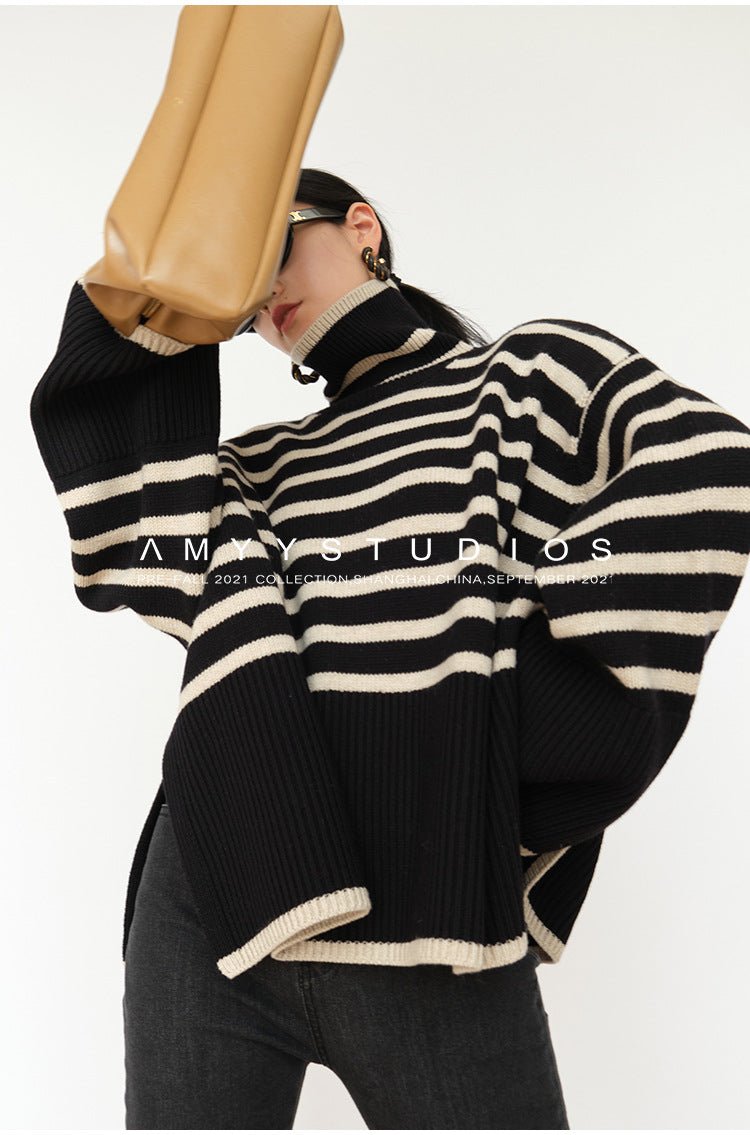 Loose Striped Turtleneck Pullover