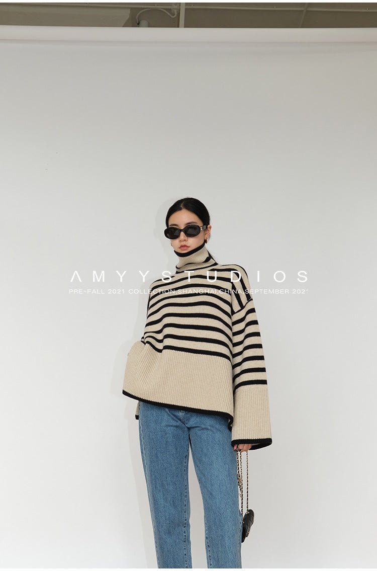 Loose Striped Turtleneck Pullover