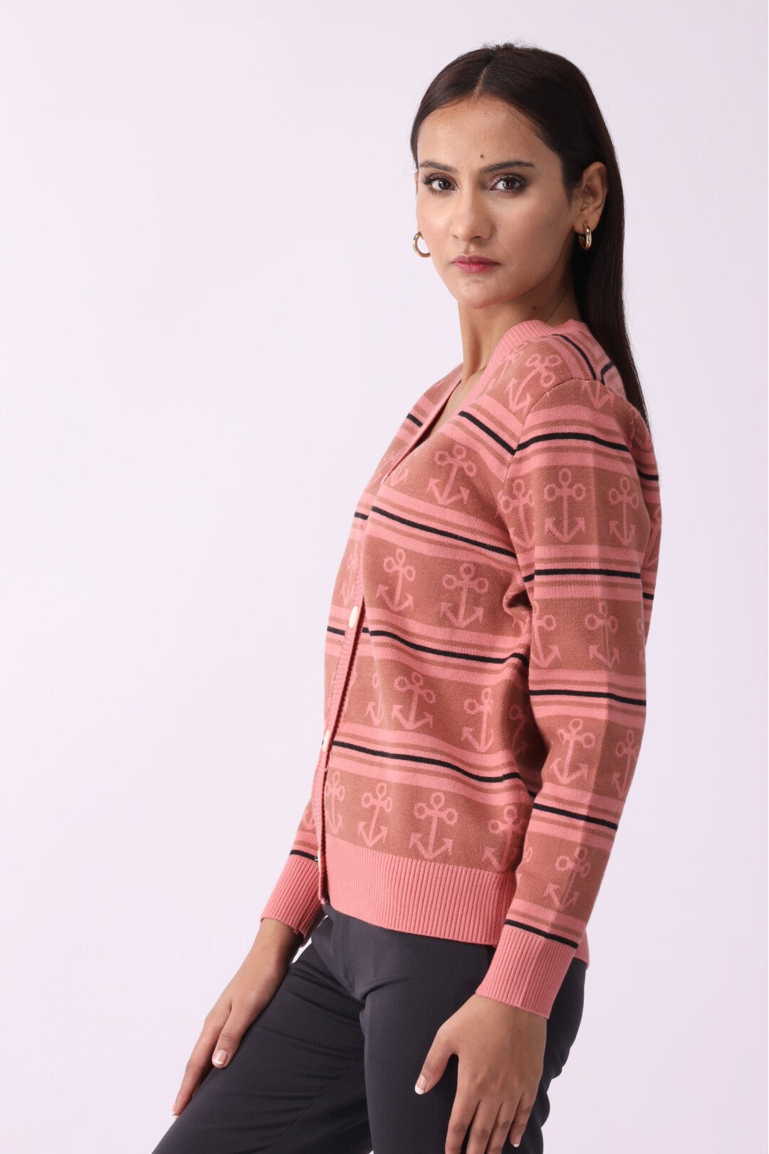 Anchor Pattern V-Neck Button Sweater