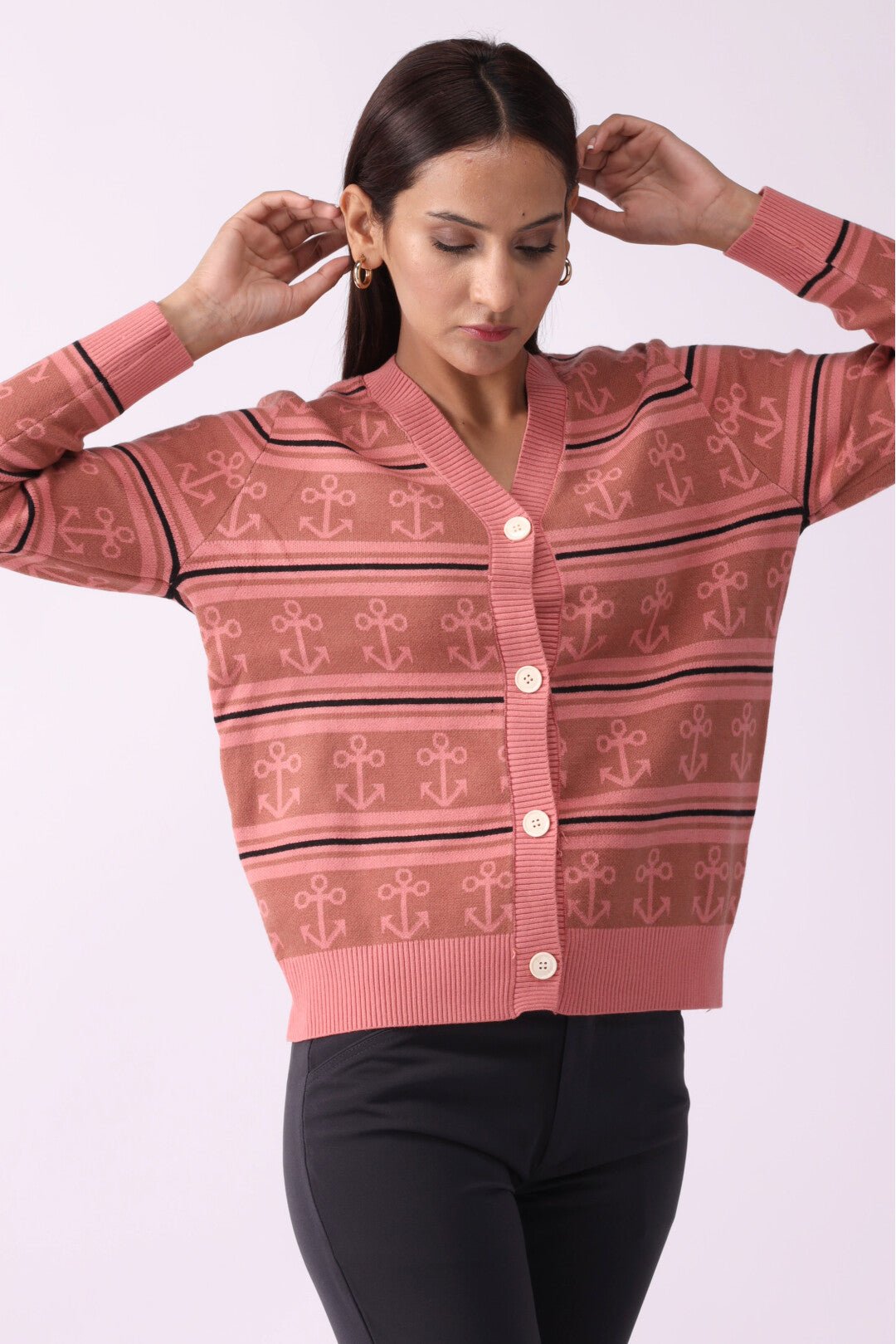 Anchor Pattern V-Neck Button Sweater