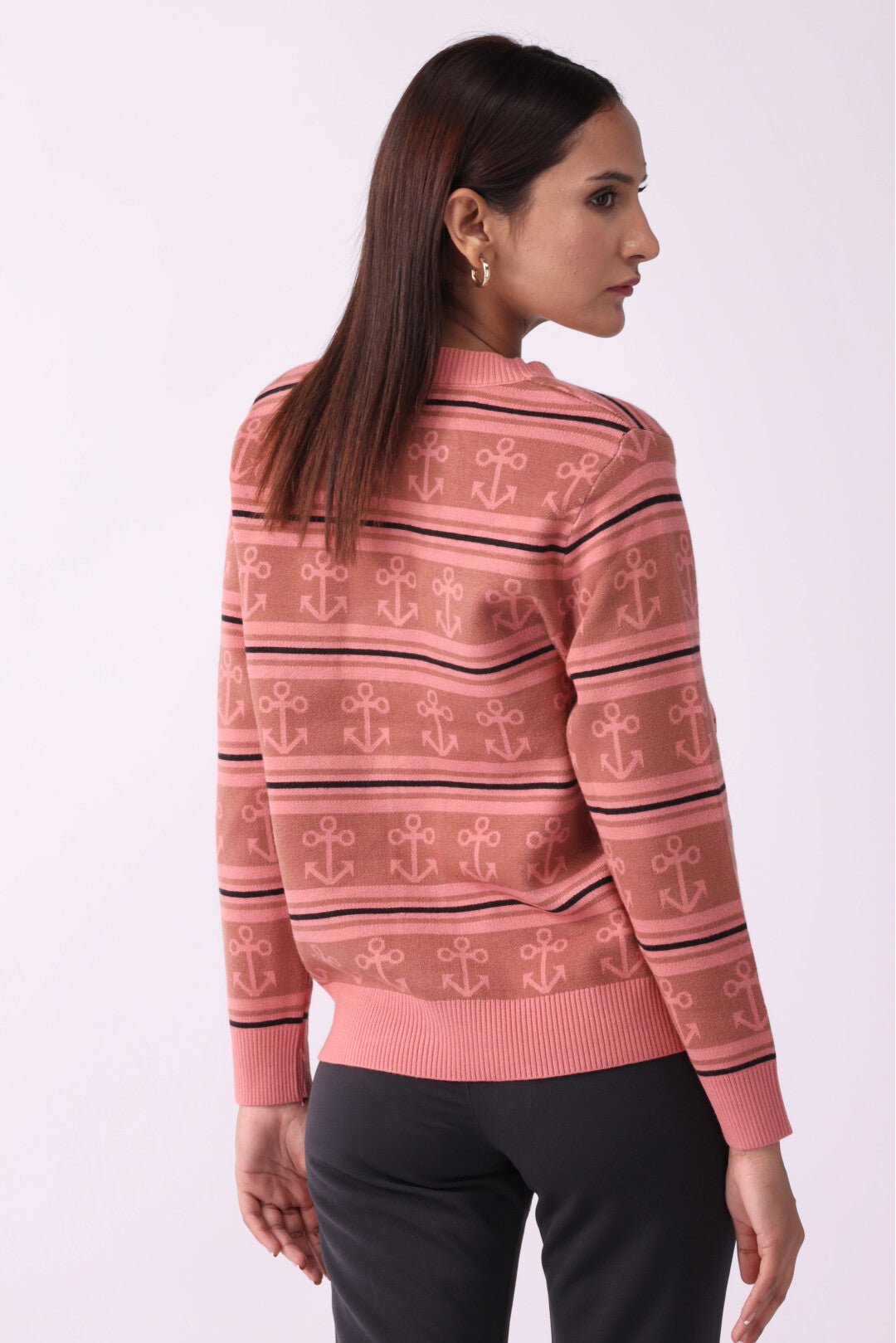 Anchor Pattern V-Neck Button Sweater
