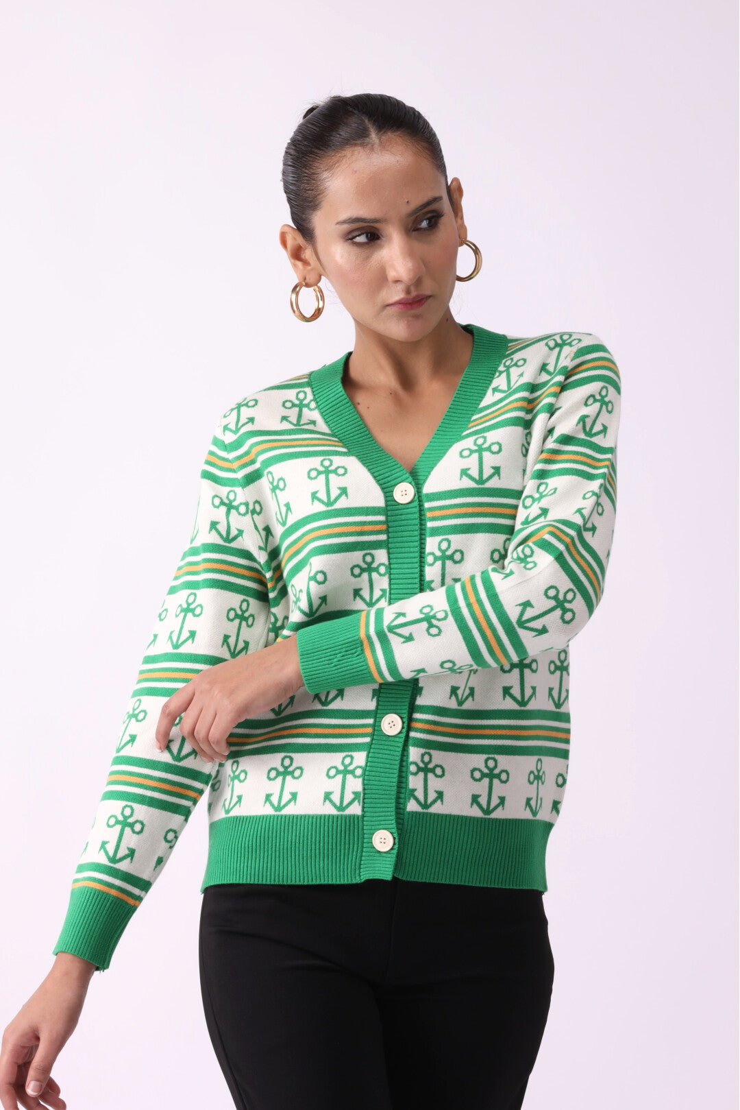 Anchor Pattern V-Neck Button Sweater