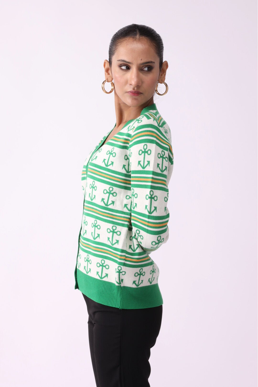 Anchor Pattern V-Neck Button Sweater