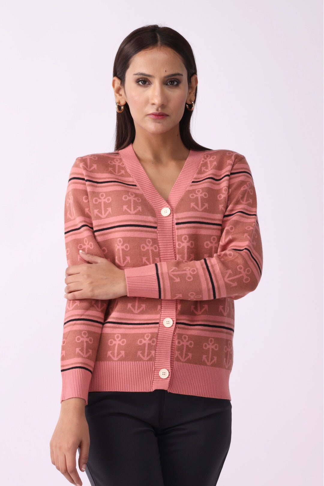 Anchor Pattern V-Neck Button Sweater