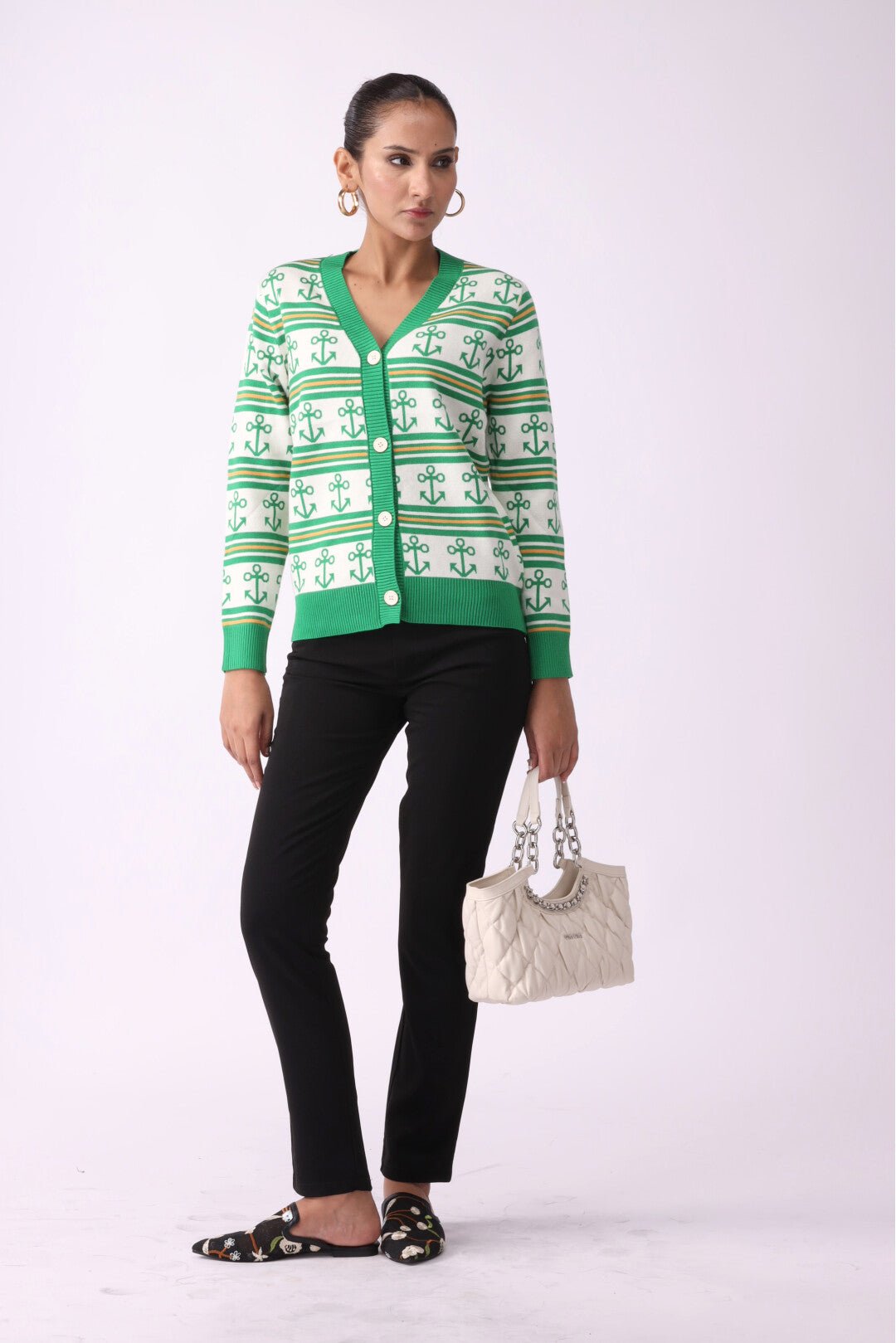 Anchor Pattern V-Neck Button Sweater