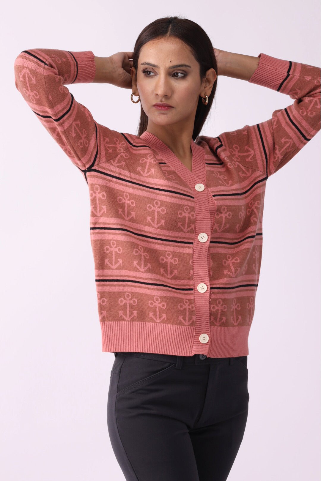 Anchor Pattern V-Neck Button Sweater