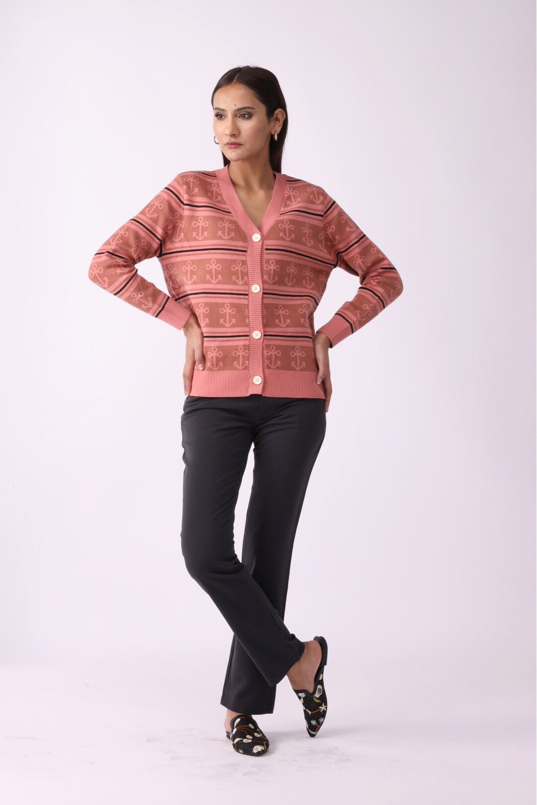 Anchor Pattern V-Neck Button Sweater