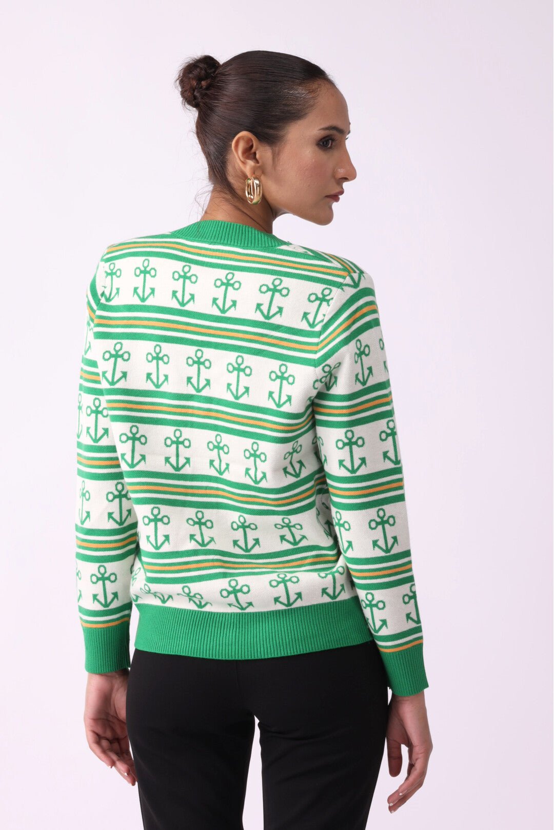 Anchor Pattern V-Neck Button Sweater