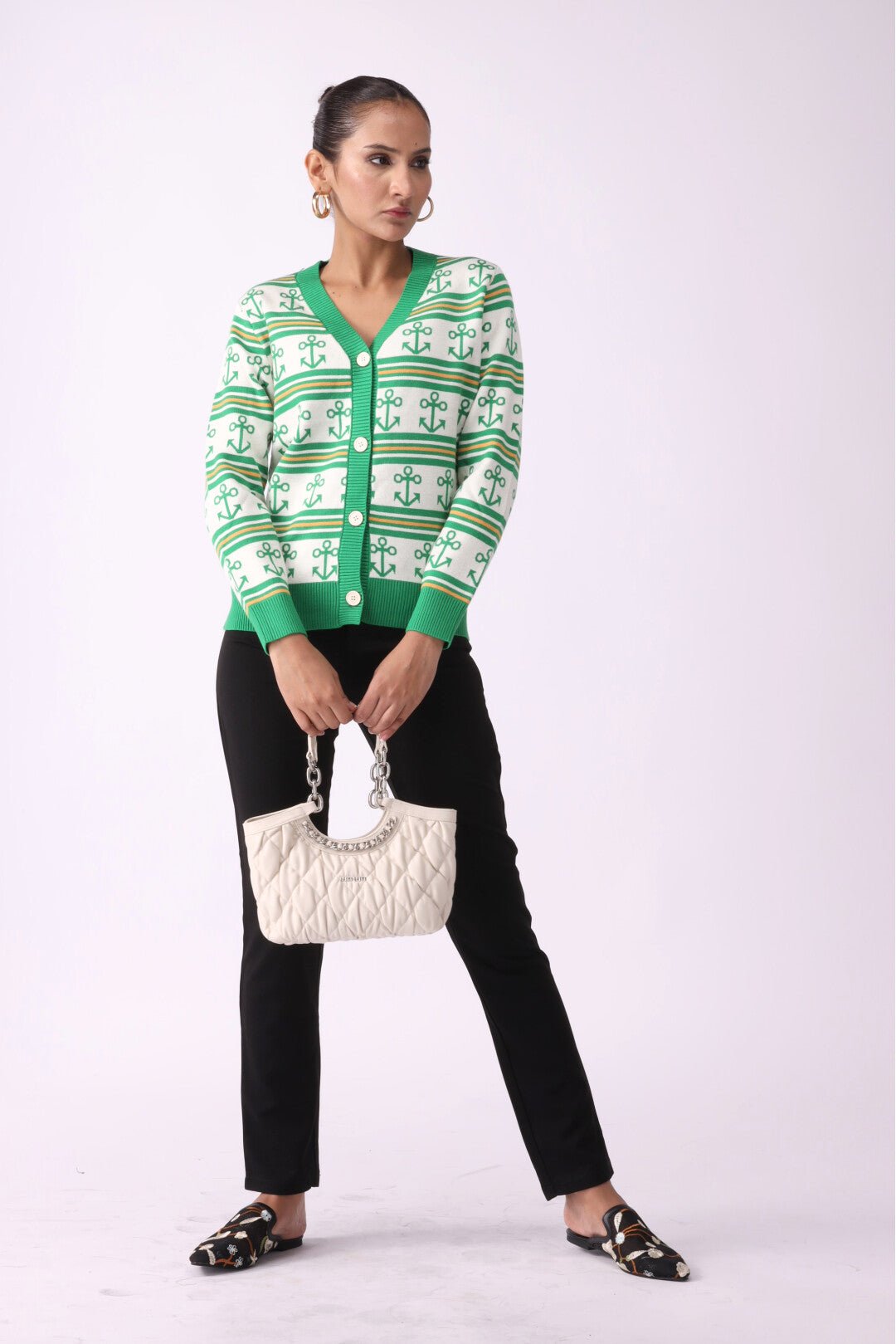 Anchor Pattern V-Neck Button Sweater