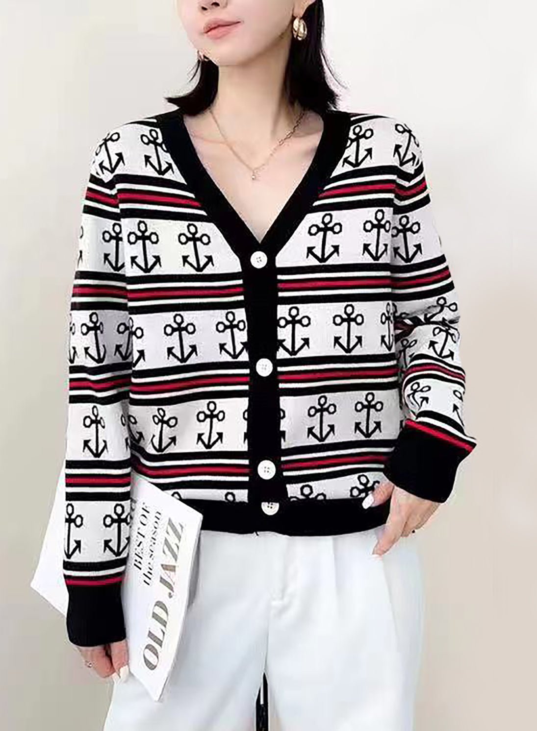 Anchor Pattern V-Neck Button Sweater