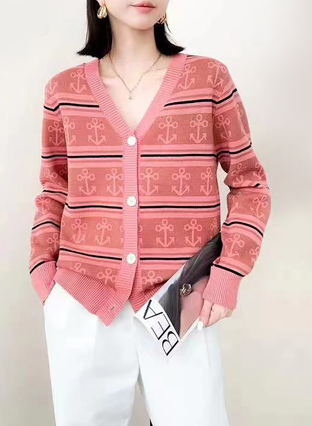 Anchor Pattern V-Neck Button Sweater