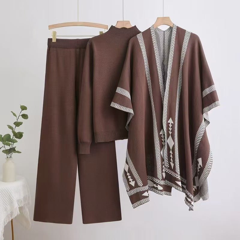 Knit Shawl, Sweater & Wide Pants Set