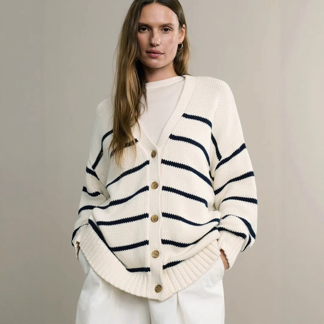 Color-Block V-Neck Cardigan (Loose Fit)