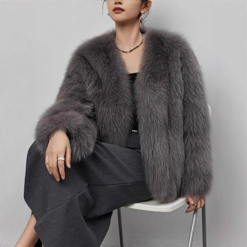 Short Faux Fur V-Neck Coat