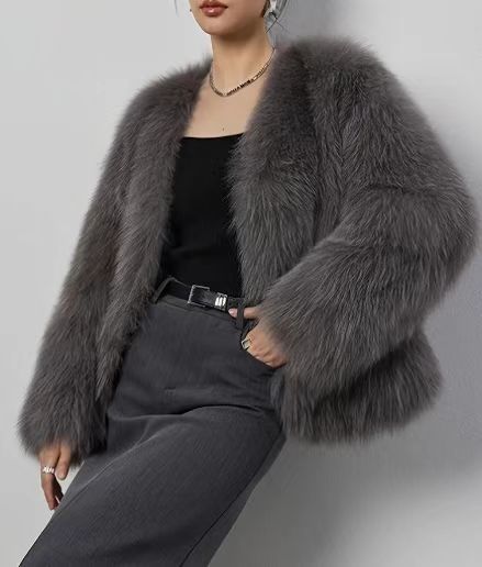 Short Faux Fur V-Neck Coat