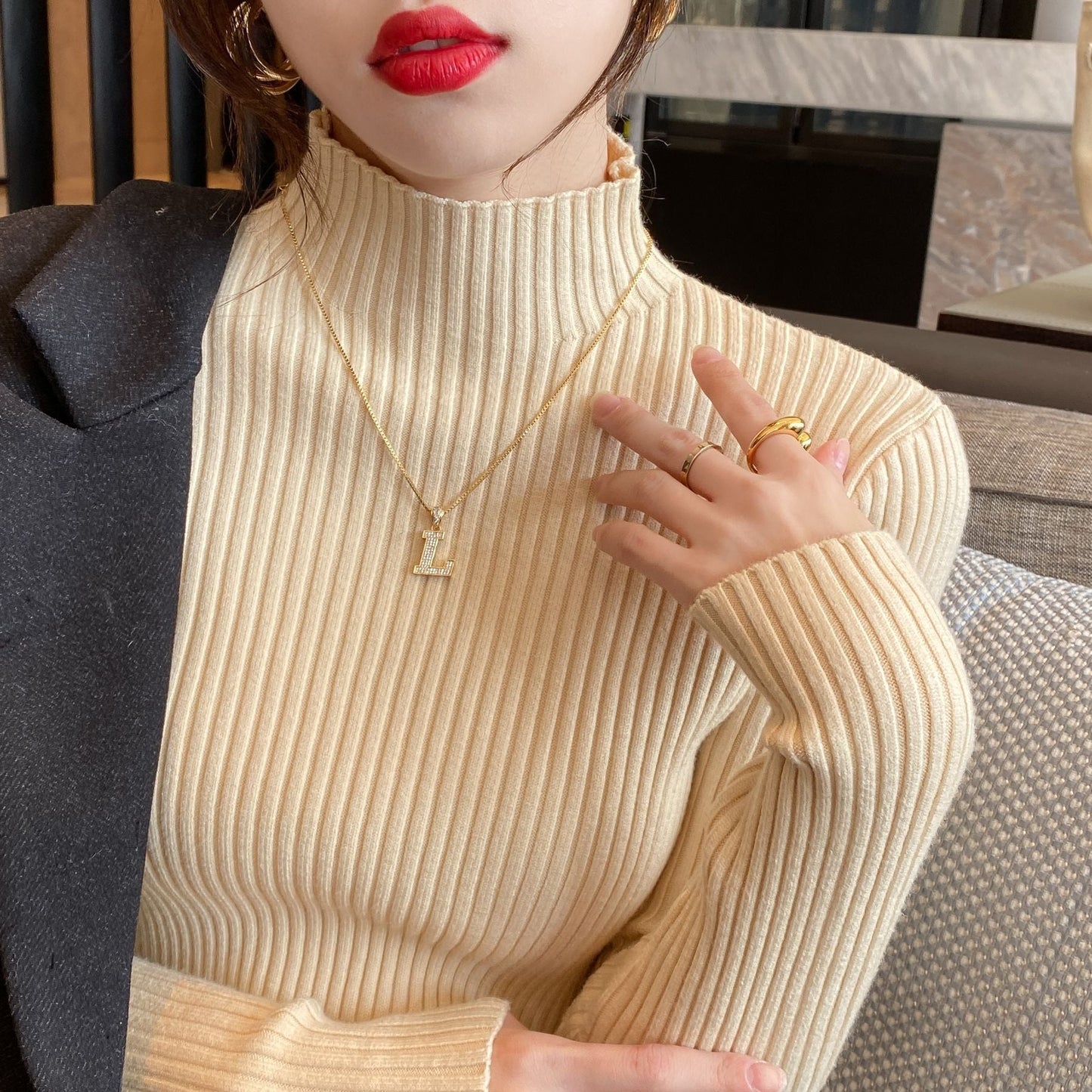 Slim Semi-Turtleneck Core-Spun Pullover
