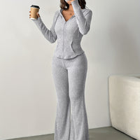 2pcs Set Women's Solid Color Hooded Zipper Top and Casual Trousers