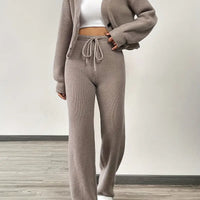 Knit V-Neck Cardigan & Wide Leg Pants Set - Casual Tracksuit