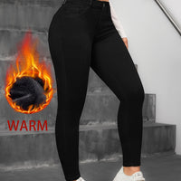 Fleece Lined High Waist Skinny Jeans - High Stretch Button Fly