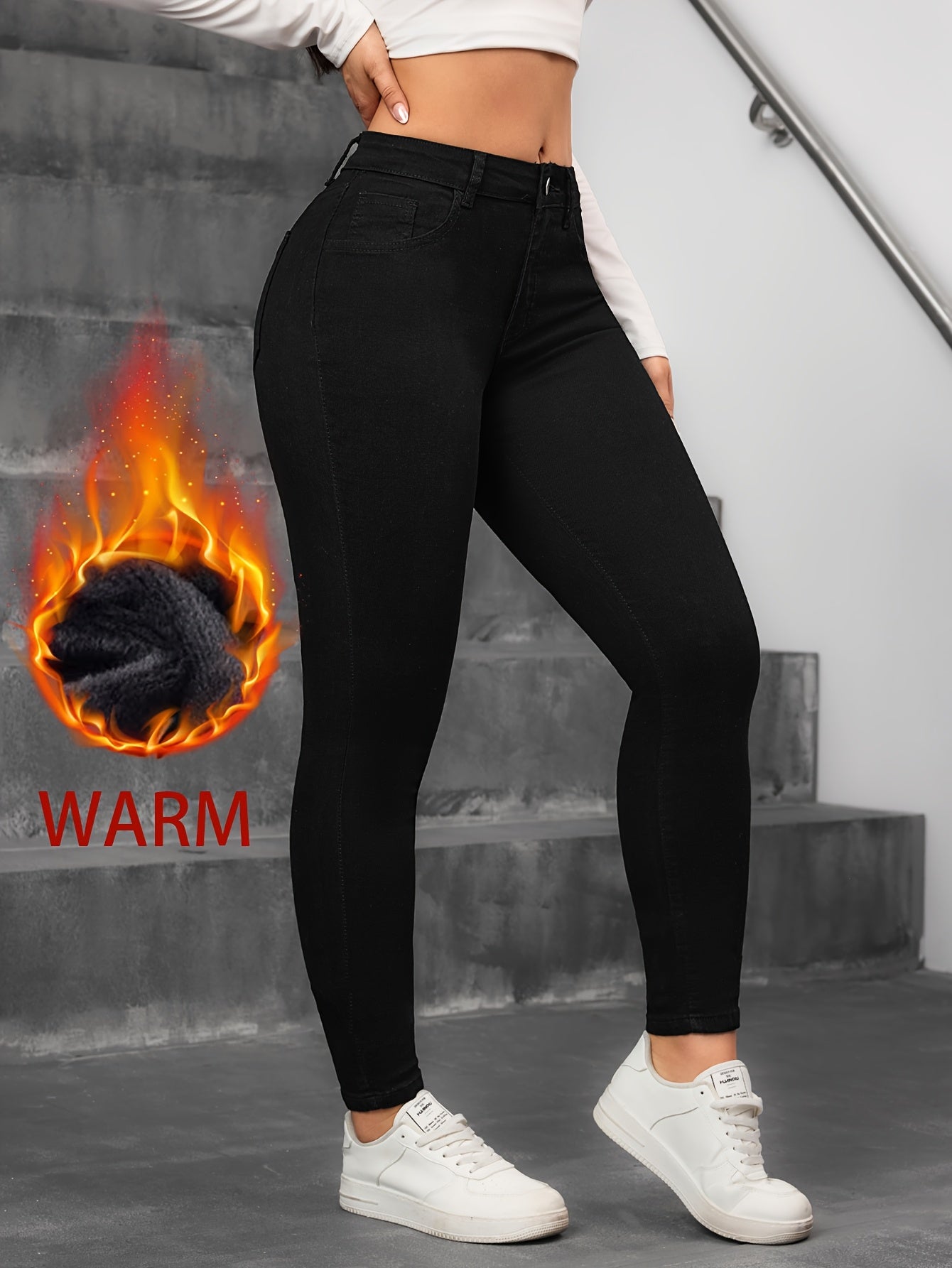 Fleece Lined High Waist Skinny Jeans - High Stretch Button Fly