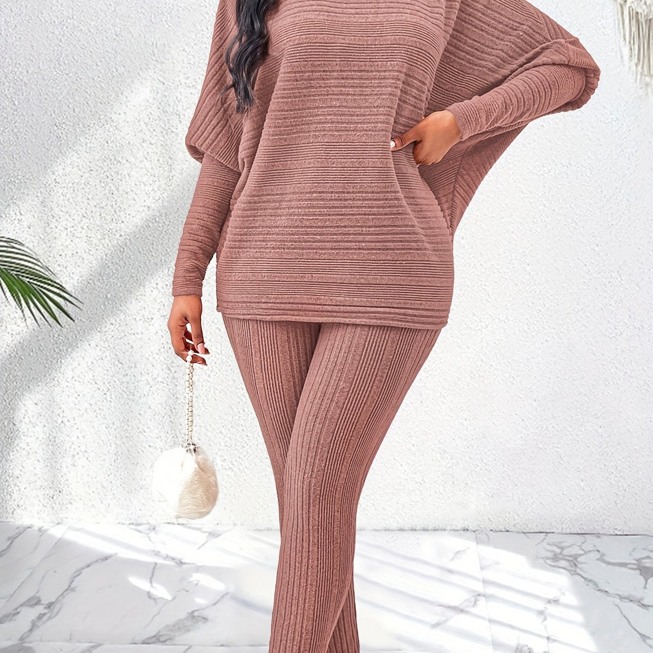 Elegant Solid Stand Collar Long Sleeve Knit Pants Set - Fall/Winter